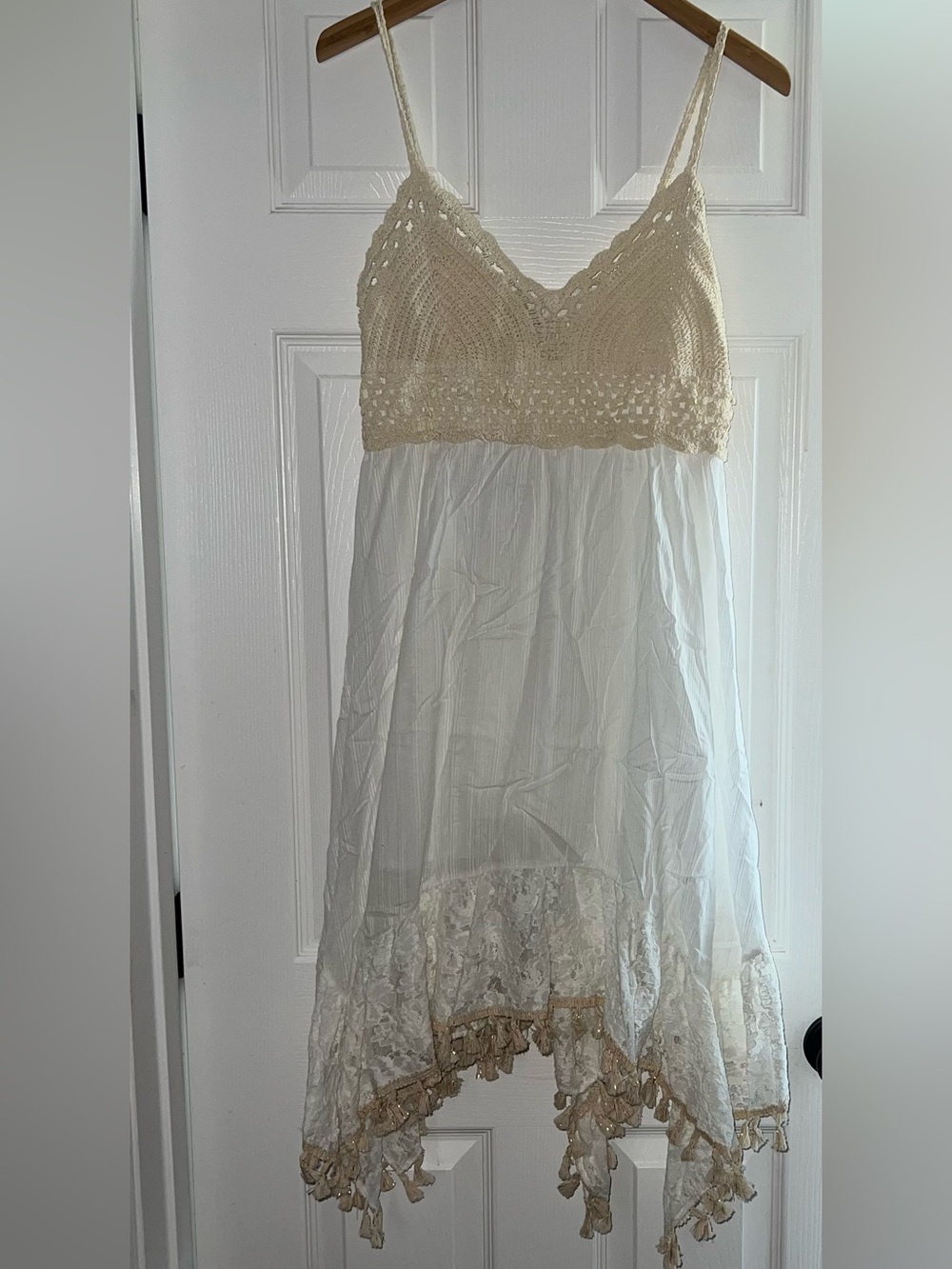NWT Addconfdt Cream Boho Crochet Lace Handkerchief Hem Dress or beach dress